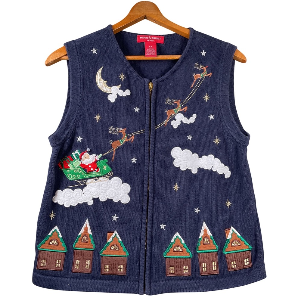 Merry & Bright Christmas Sweater Vest Womens PS Navy Santa Reindeer Zip Up